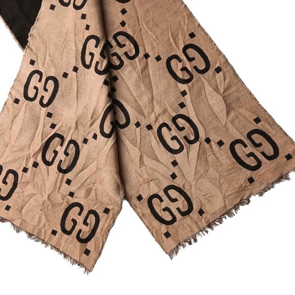 Gucci Chocolate Brown & Tan Reversible Big GG Logo Print Scarf Vintage Pre-Owned - Picture 2 of 7